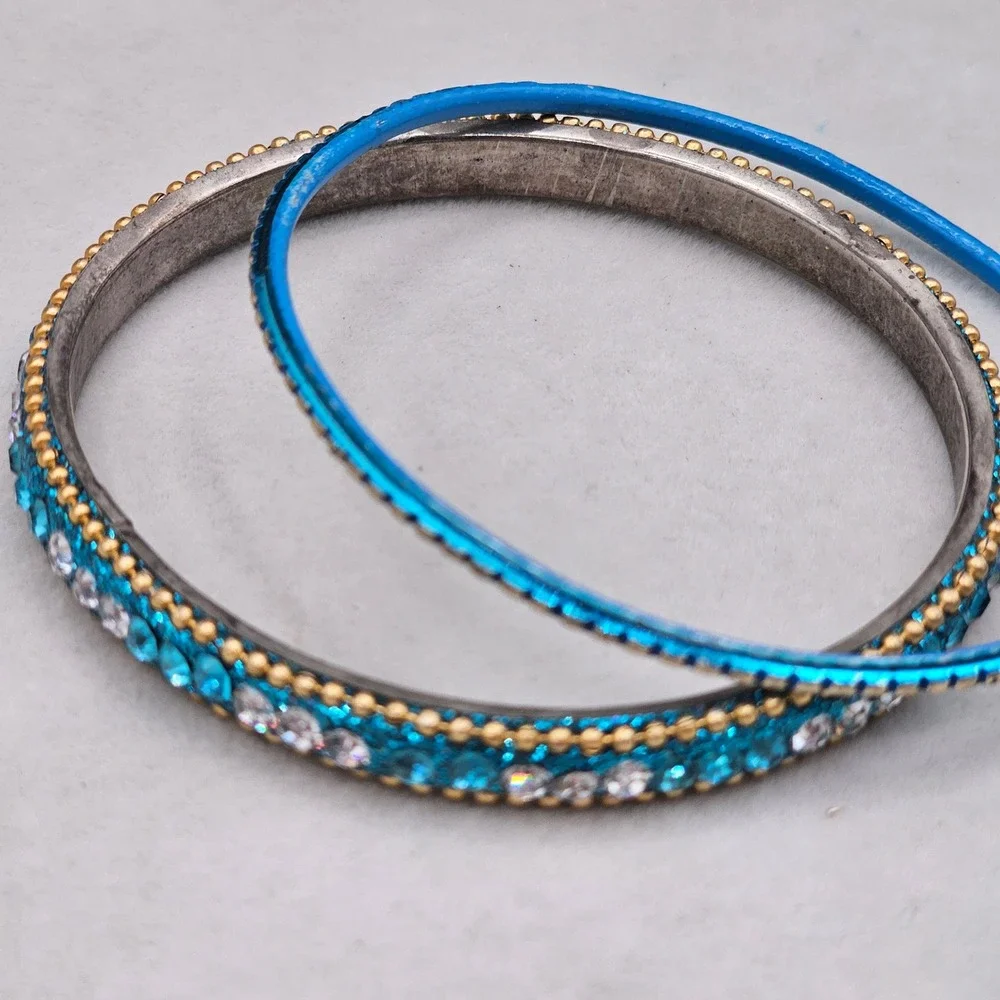 Rhinestone Bangle Bracelet + 1 Accent Bangle 2 Stackable Blue Teal Gold Tone